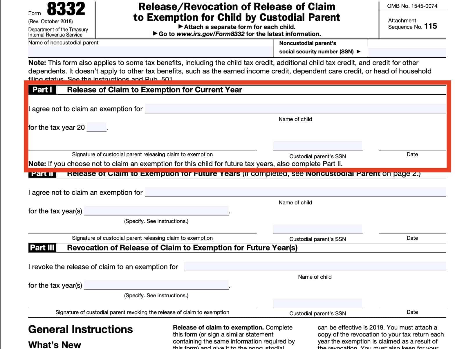 irs form 8332, part i: release of claim to exemption for current year