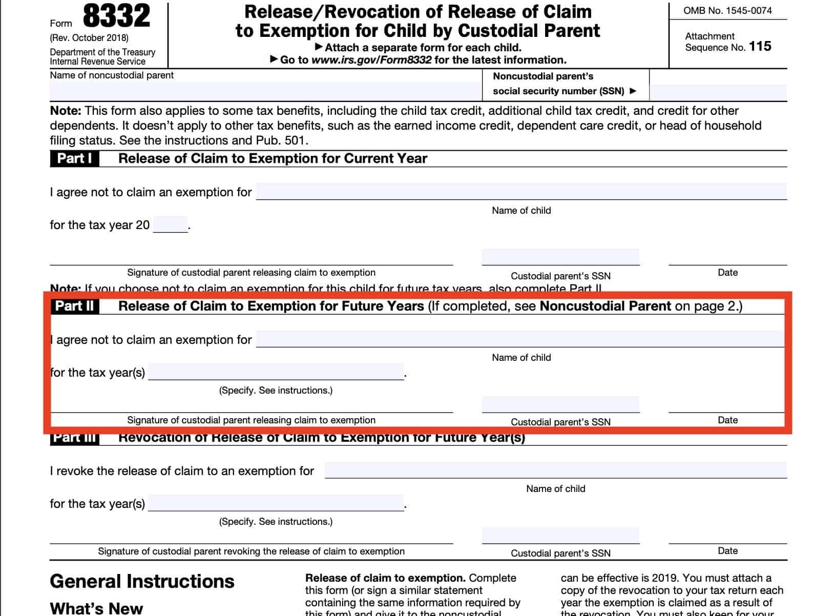 irs form 8332, part ii: release of claim to exemption for future years