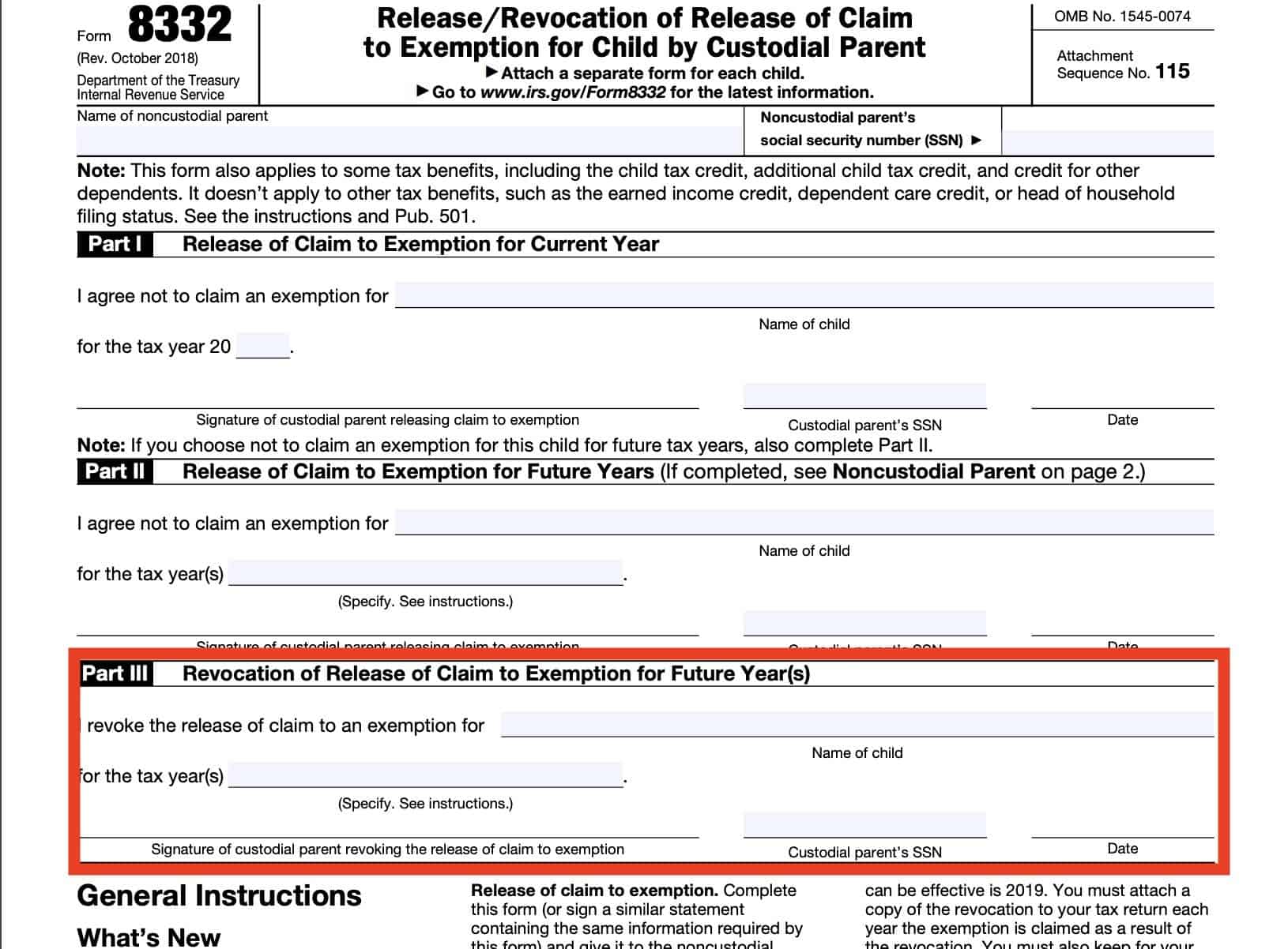 form 8332, part iii: revocation of prior release of claim of exemption for future years