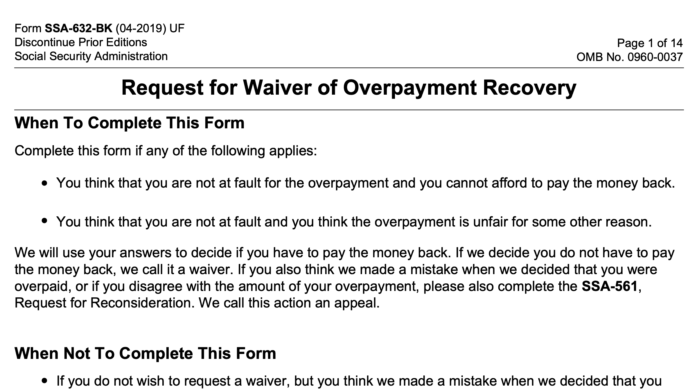 Form SSA 632BK Instructions Waiver of Overpayment Recovery