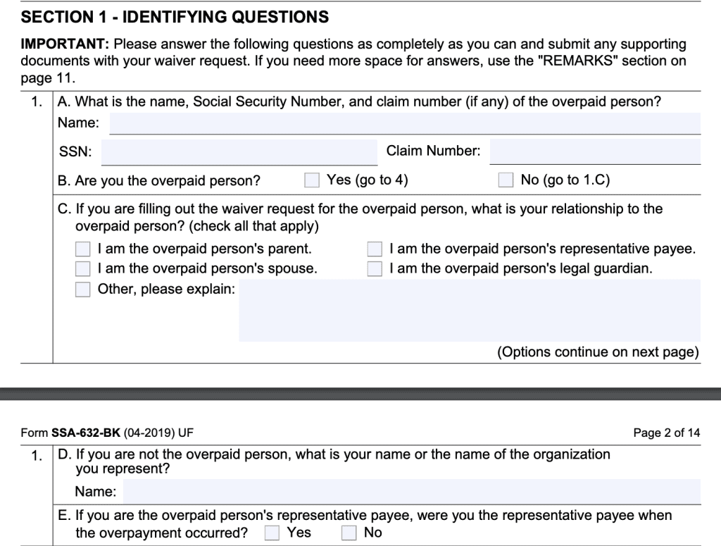 Form SSA 632 BK Instructions Waiver Of Overpayment Recovery