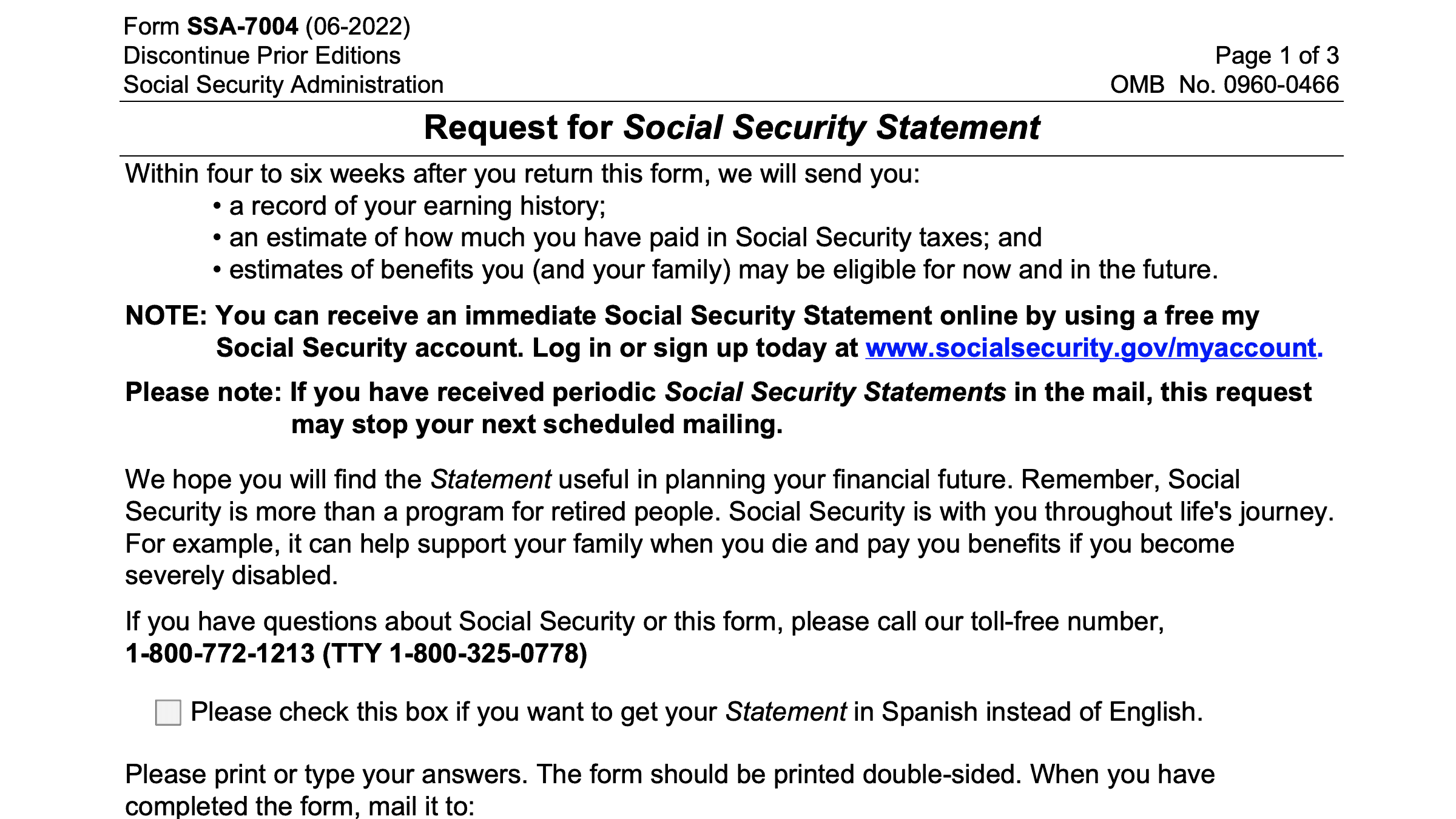 Form Ssa 7004 Your Social Security Statement Request 5597