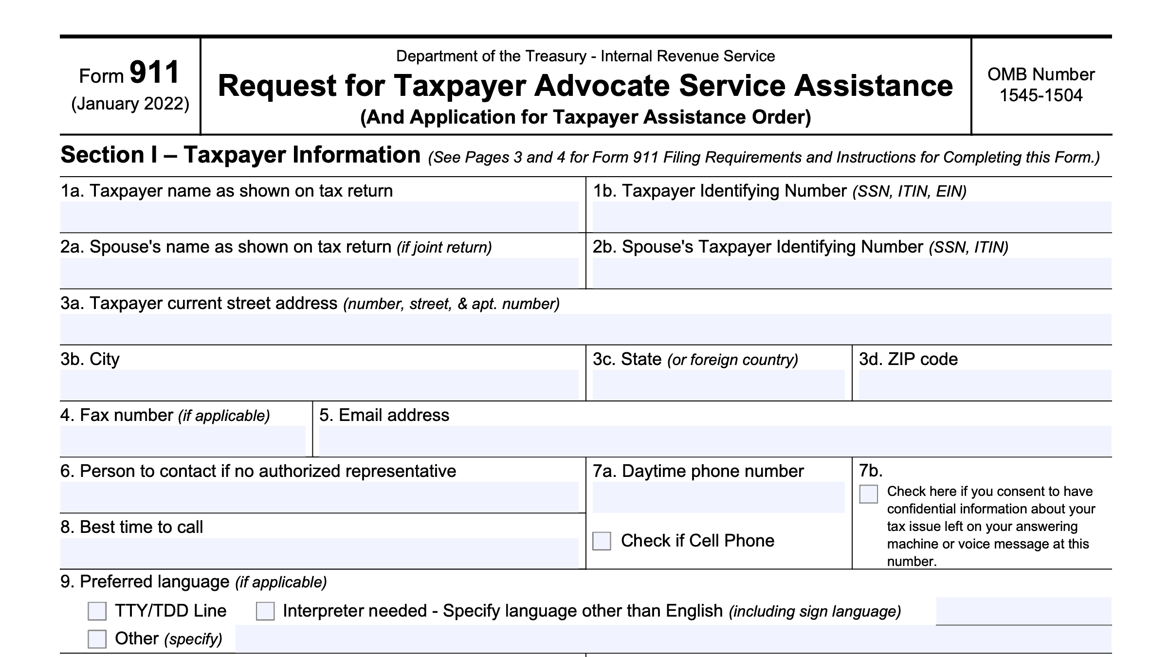 Irs Form 911 Instructions Taxpayer Advocate Service Assistance 2123