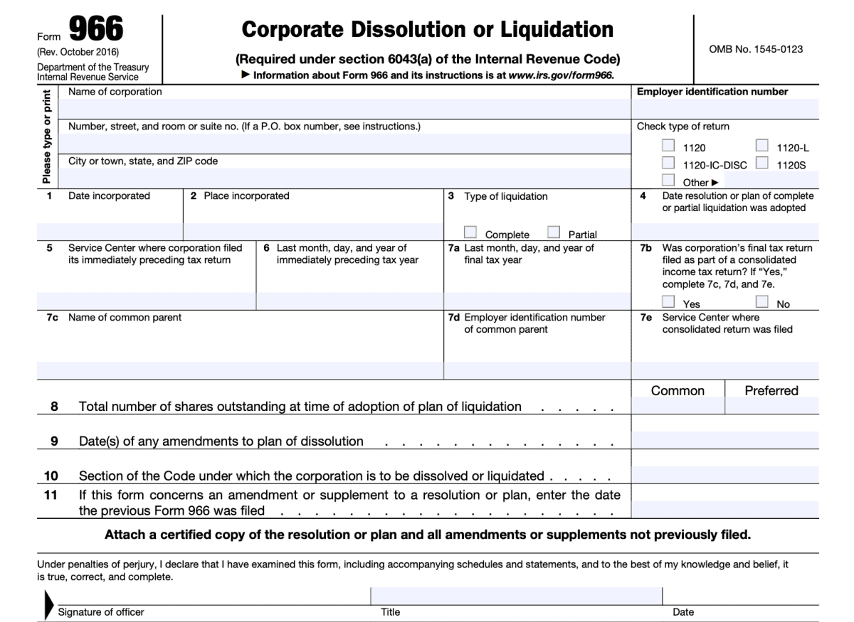 IRS Form 966 Instructions - Corporate Dissolutions & Liquidations