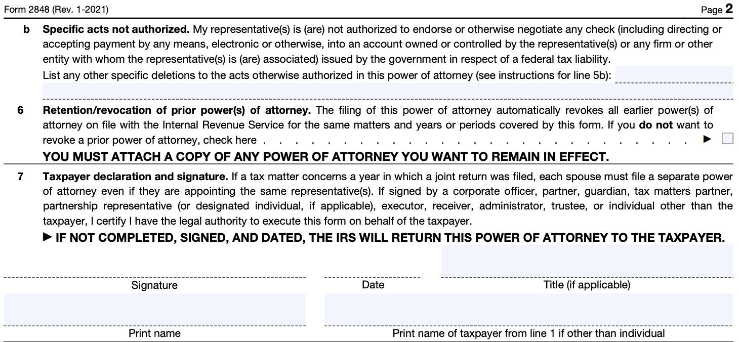 IRS Form 2848 Instructions