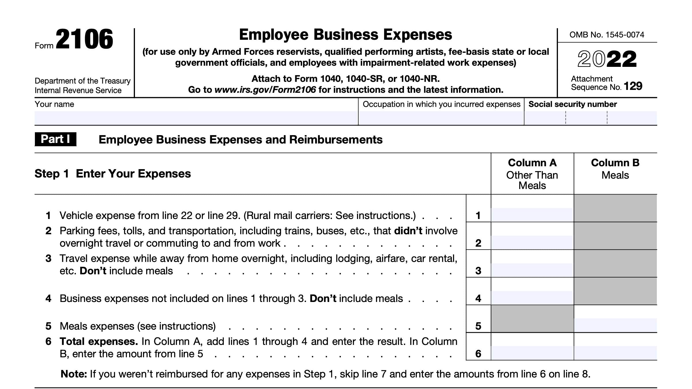 IRS Form 2106 A Guide to Employee Business Expenses