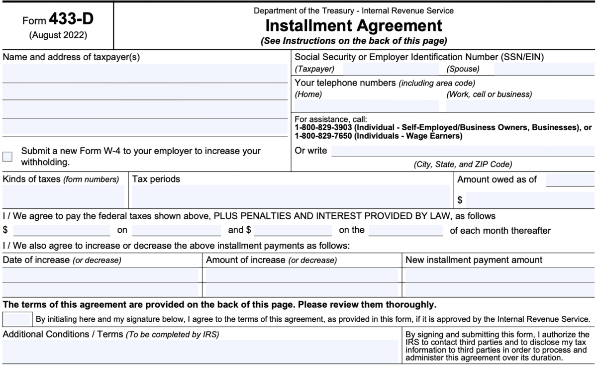 IRS Form 433-D Instructions - Setting Up An Installment Agreement