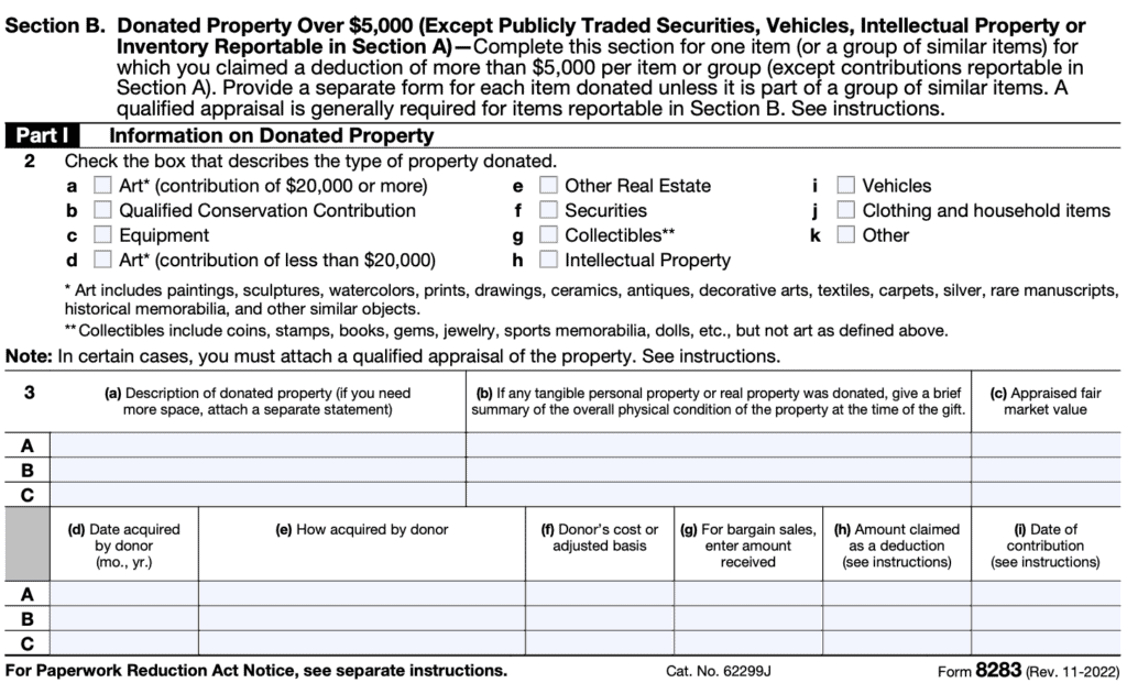 IRS Form 8283 Instructions Noncash Charitable Contributions