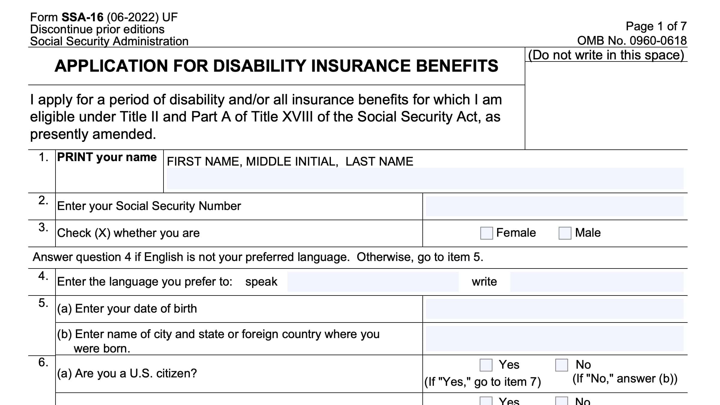 Form SSA 16 Instructions - Filing Your Disability Benefits Claim