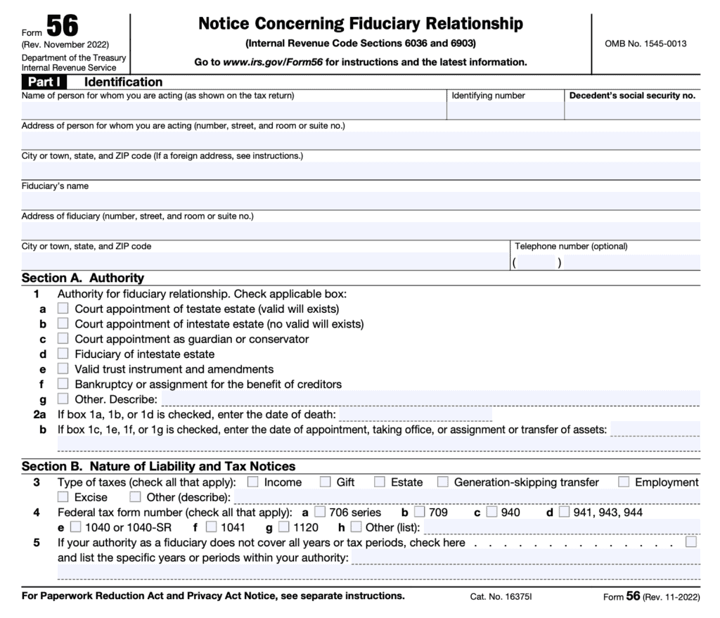 IRS Form 56 Instructions IRS Notice of Fiduciary Relationship