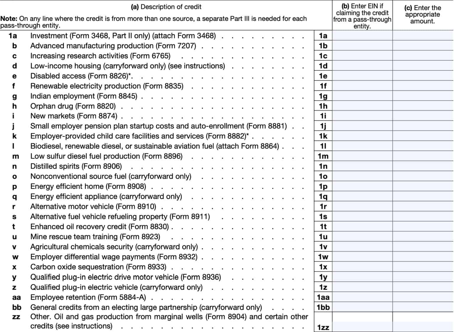 IRS Form 3800 Instructions General Business Credit