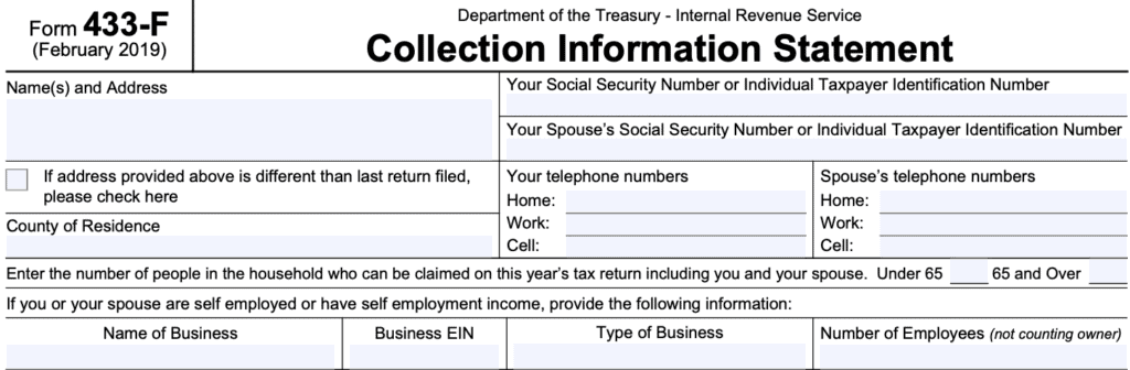 IRS Form 433-F Instructions - The Collection Information Statement