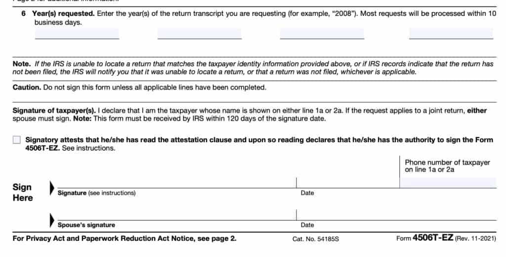 IRS Form 4506-T-EZ Instructions