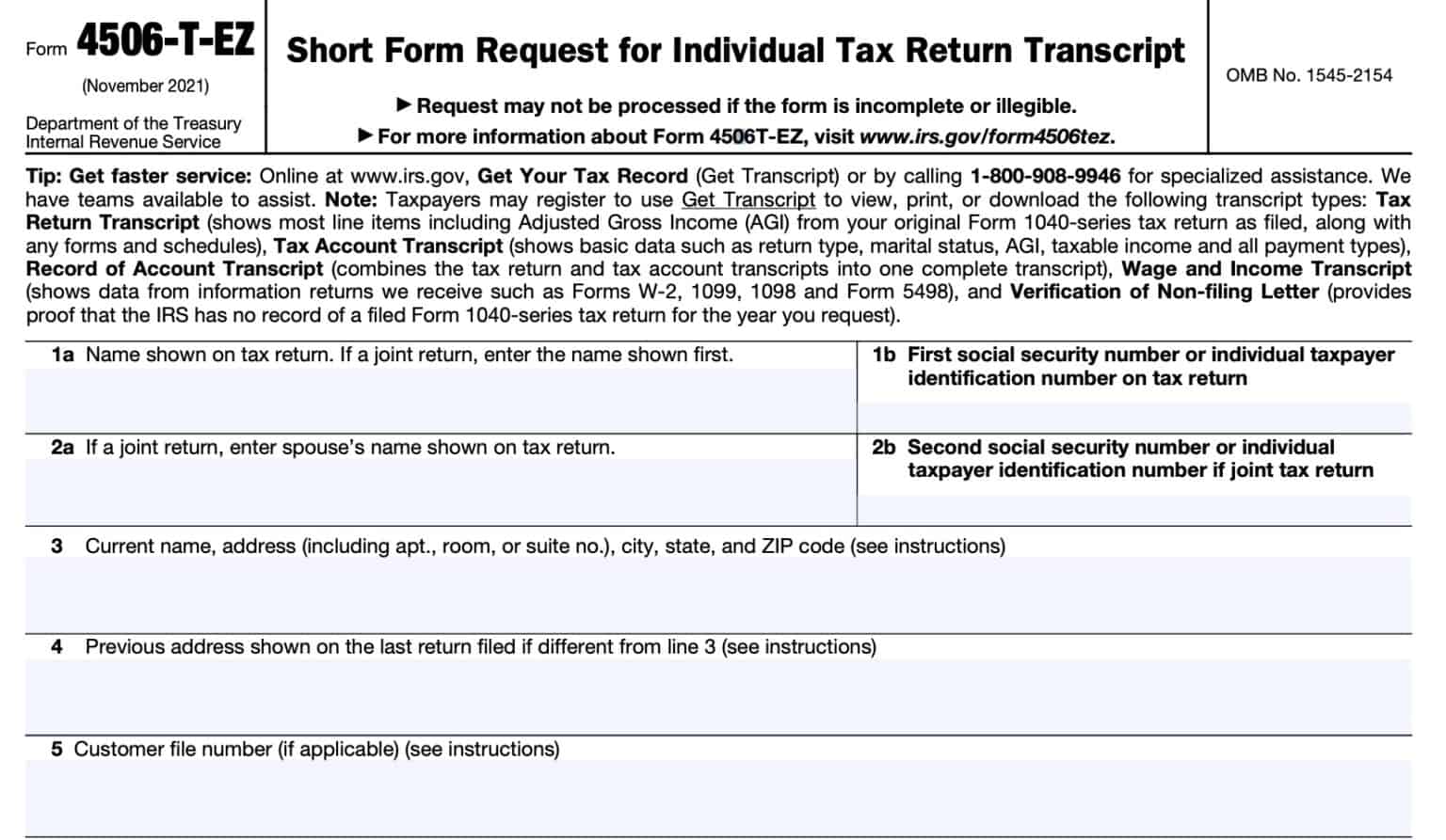 IRS Form 4506-T-EZ Instructions