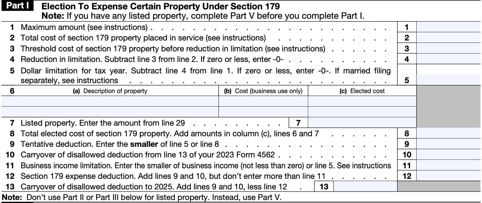 irs form 4562 part i: election to expense certain property under section 179