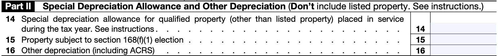 irs form 4562 part ii: special depreciation allowance and other depreciation