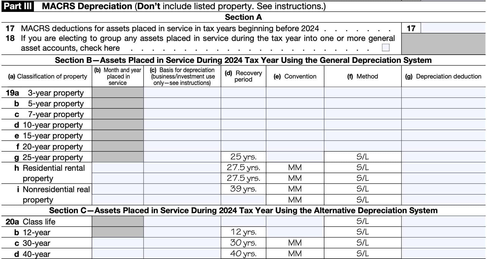 Part III: MACRS depreciation (modified accelerated cost recovery system)