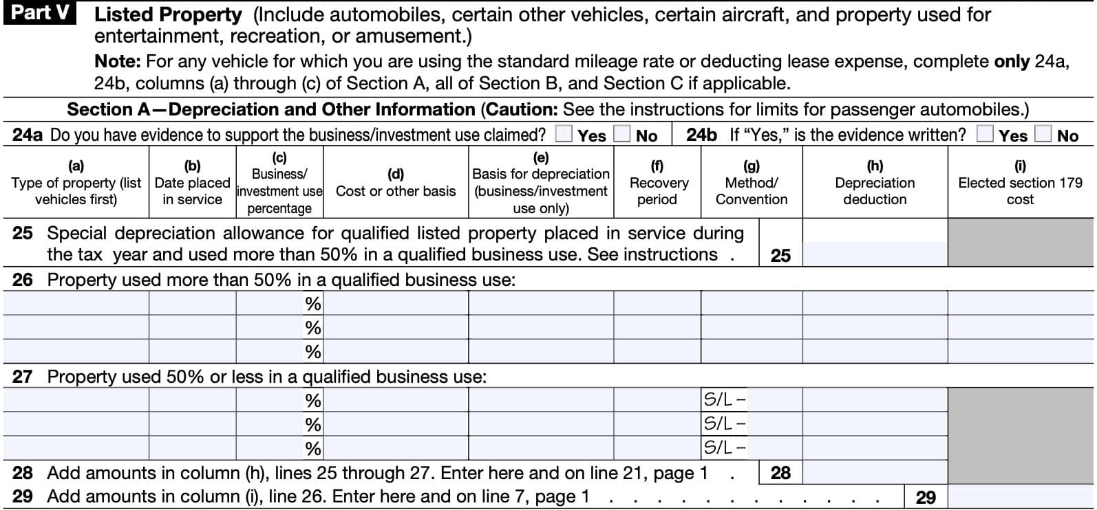 part v, listed property, section a: depreciation & other information