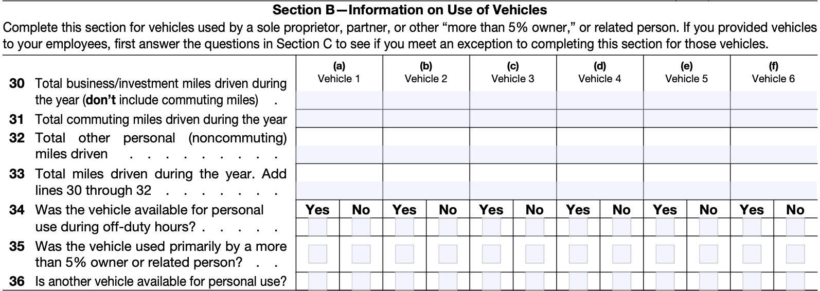 part v, listed property, section a: depreciation & other information