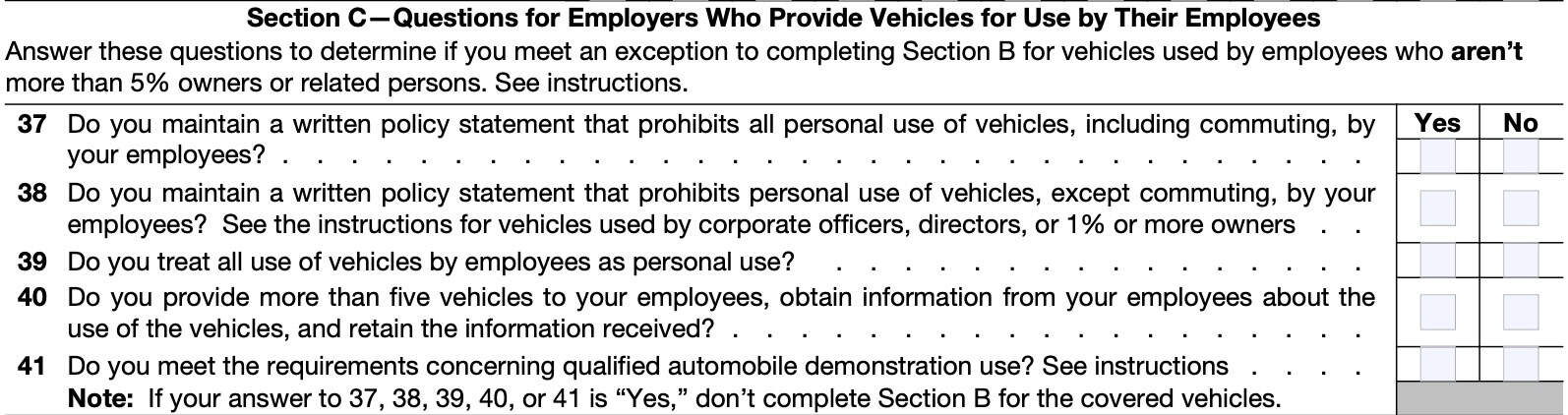 Part v section c: questions for employers who provide vehicles for use by employees