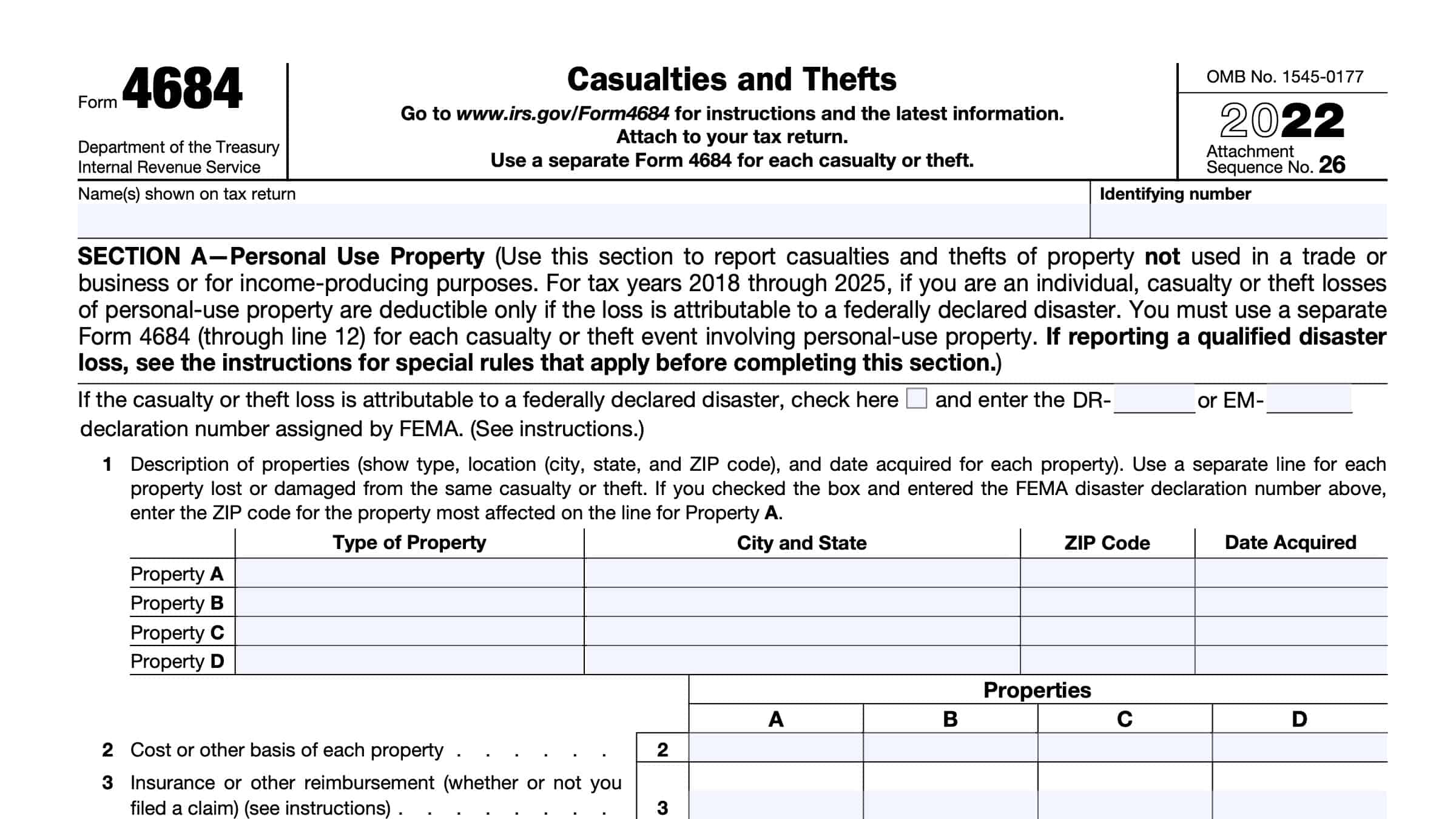 IRS Form 4684 Instructions Deducting Casualty & Theft Losses