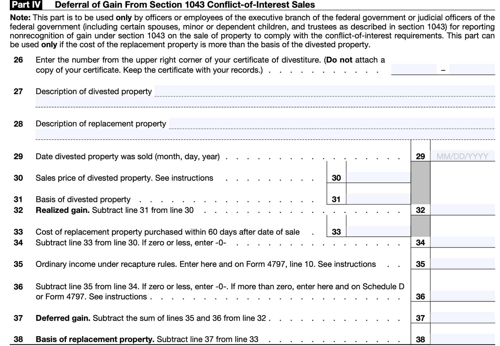 irs form 8824, part iv: deferral of gain from Section 1043 conflict of interest sales