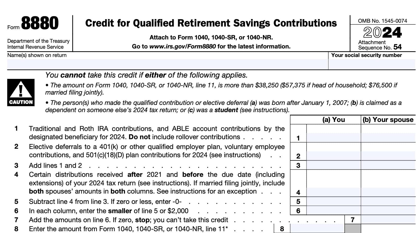 irs form 8880, lines 1 through 8