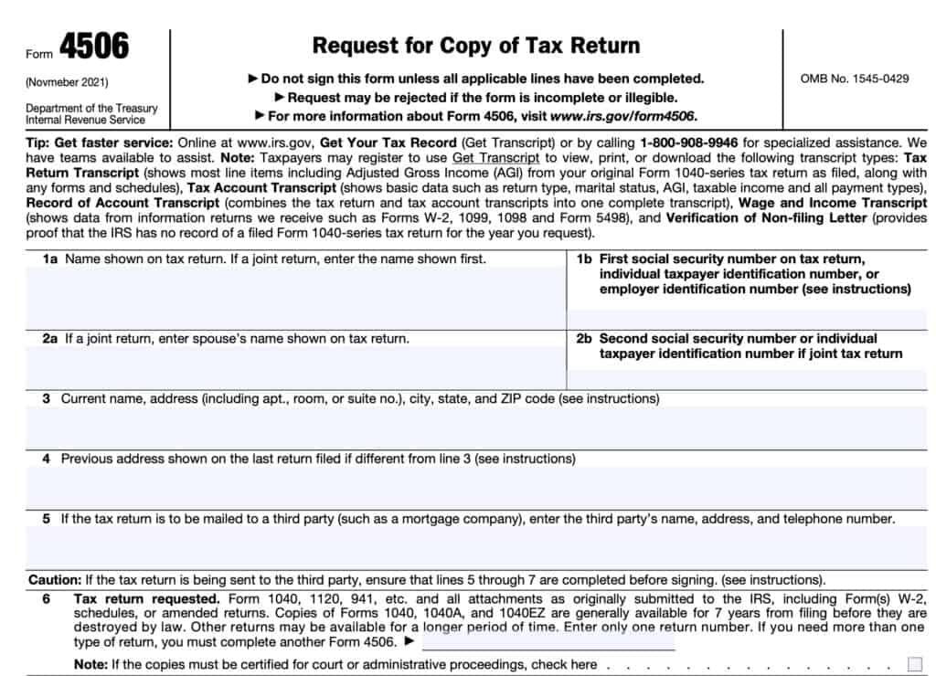 IRS Form 4506 Instructions - Request For Copy Of Tax Return