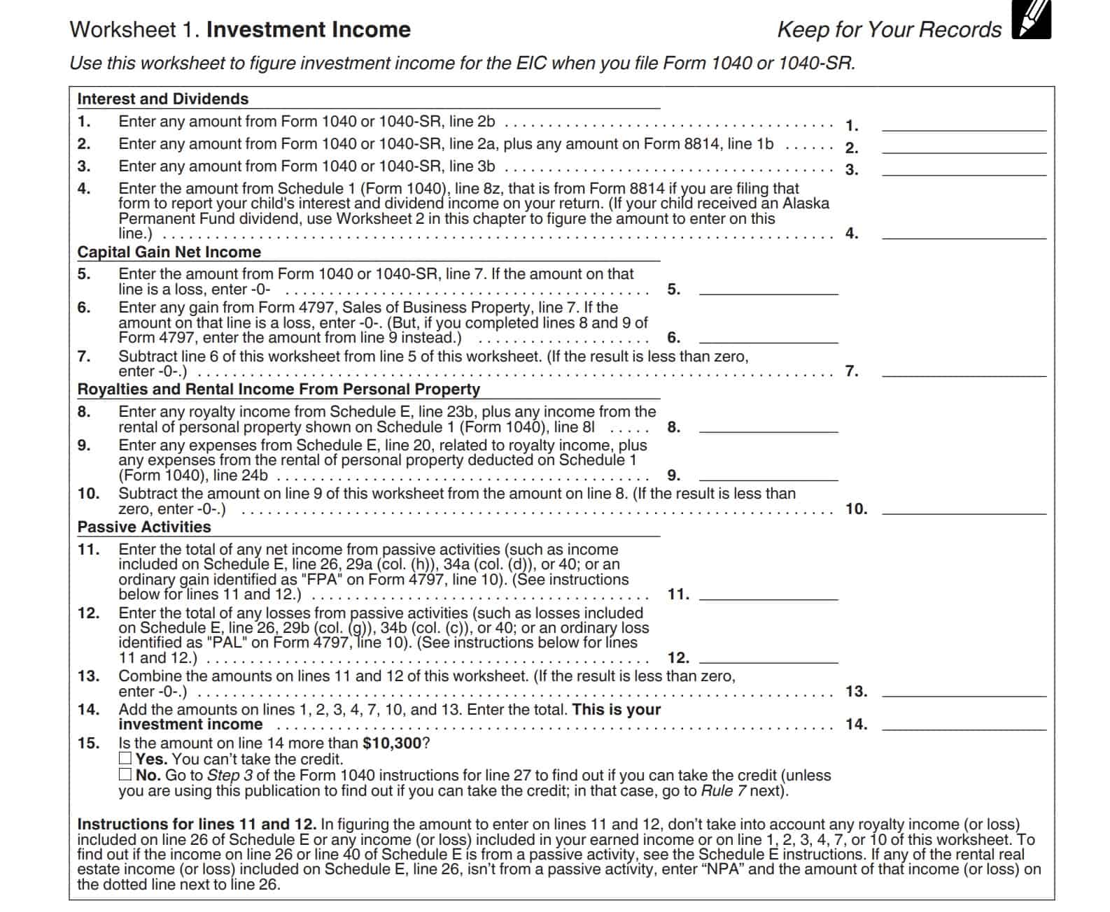 EIC investment income worksheet