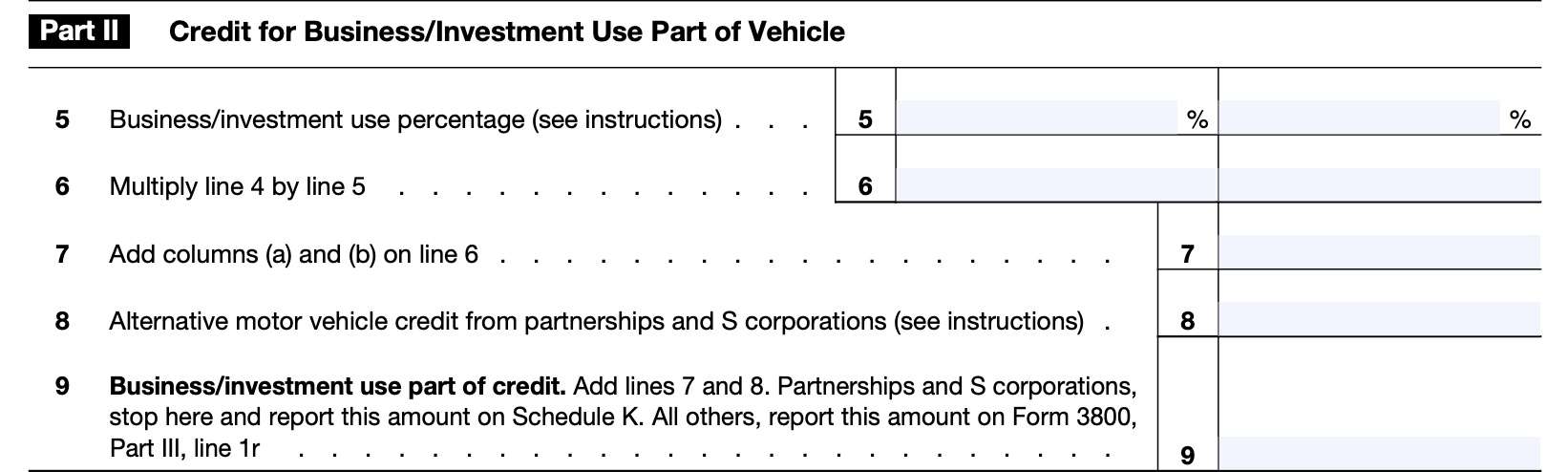 part ii: credit for business/investment use part of vehicle