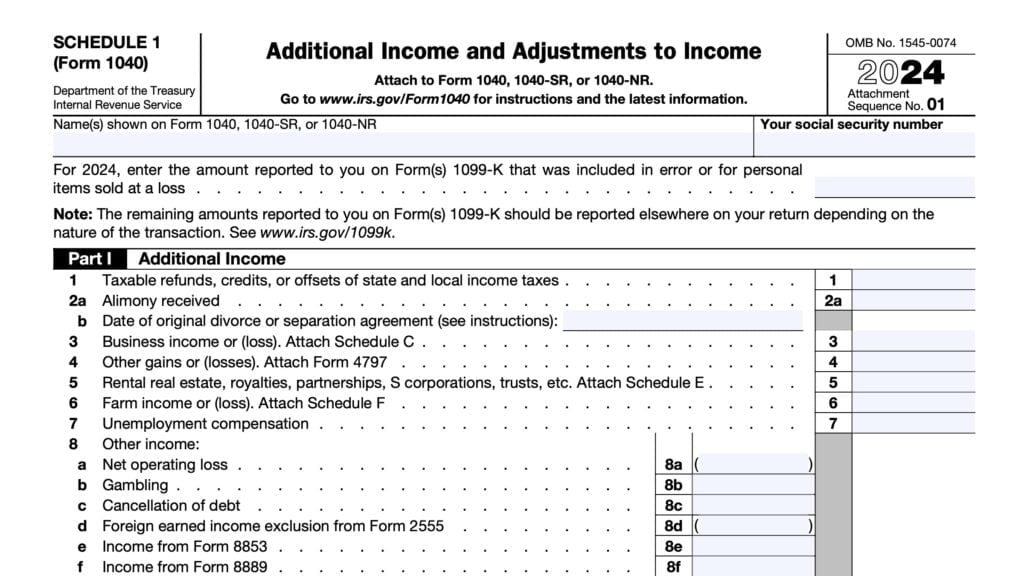 irs schedule 1, additional income and adjustments to income