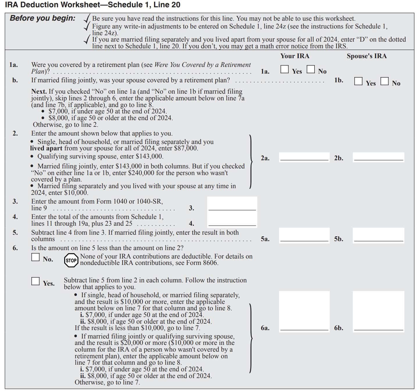 ira deduction worksheet, line 20