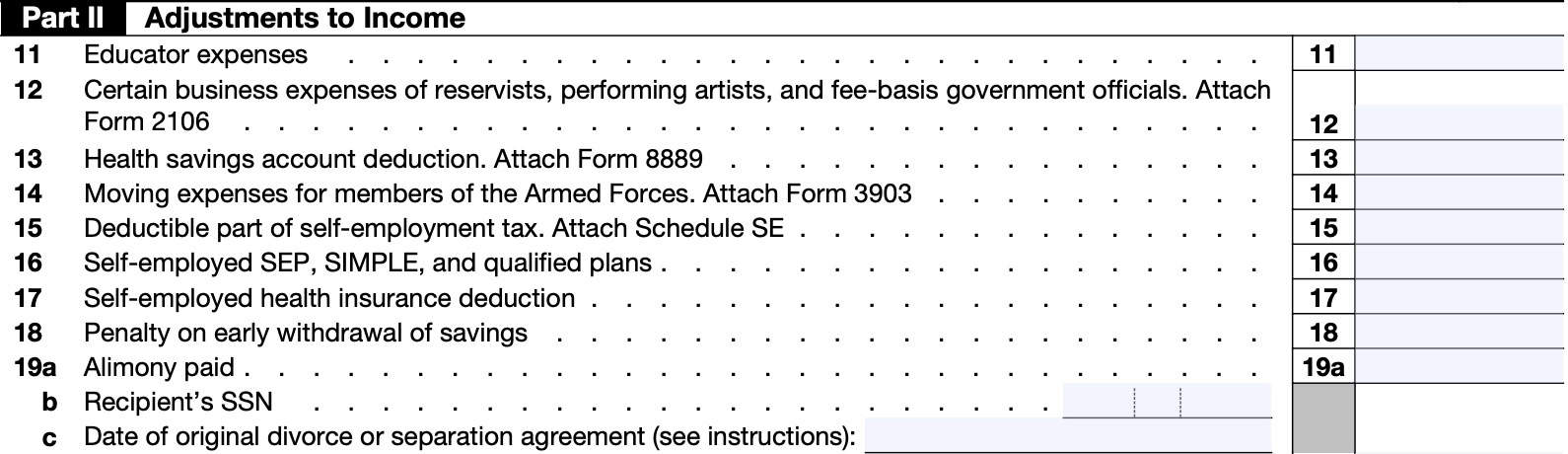 irs schedule 1, part ii: adjustments to income, lines 11 through 19