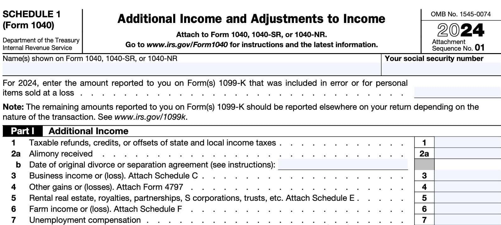 irs schedule 1, part i: additional income, lines 1 through 7