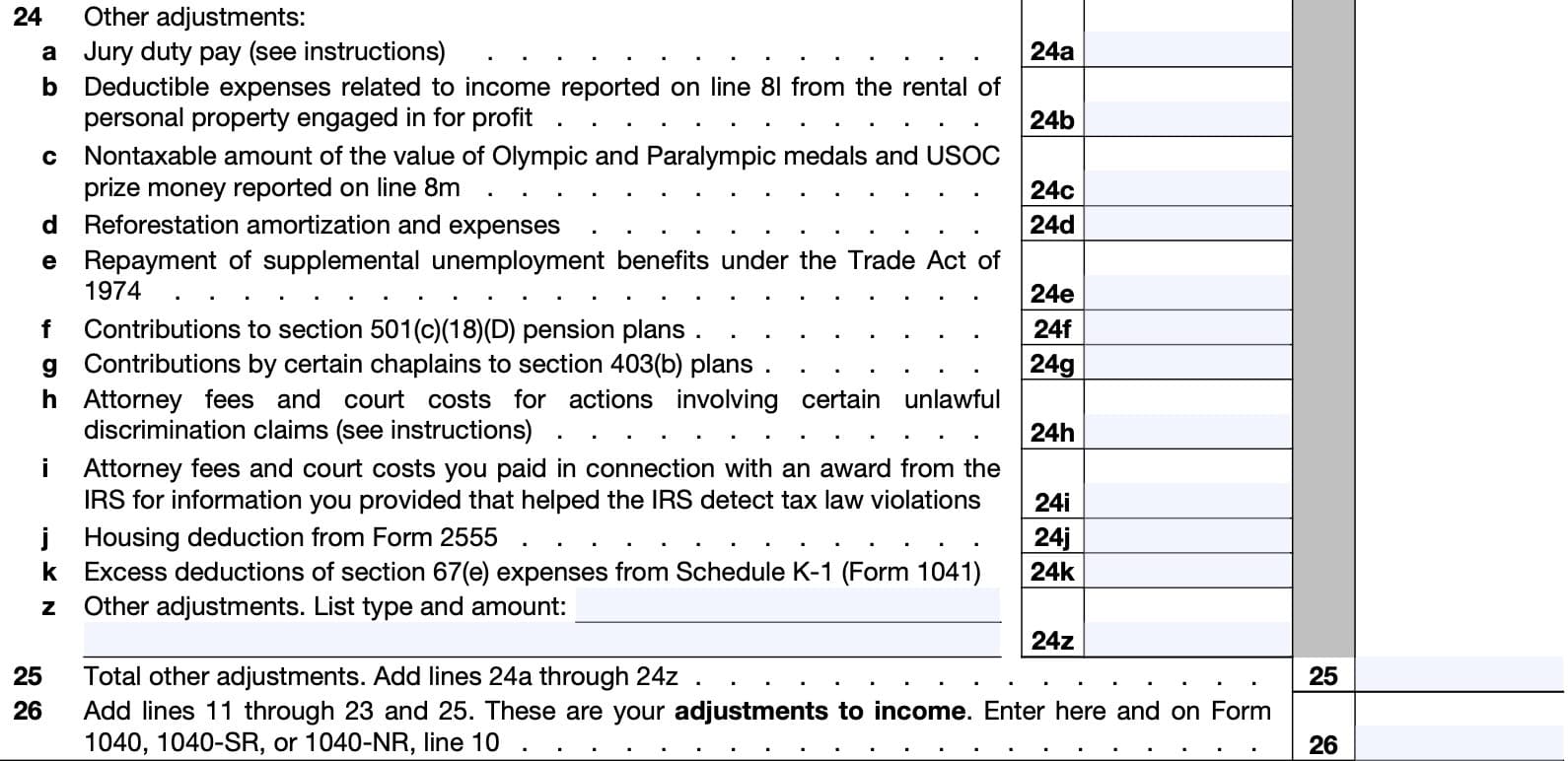 part ii: adjustments to income, lines 24 through 26