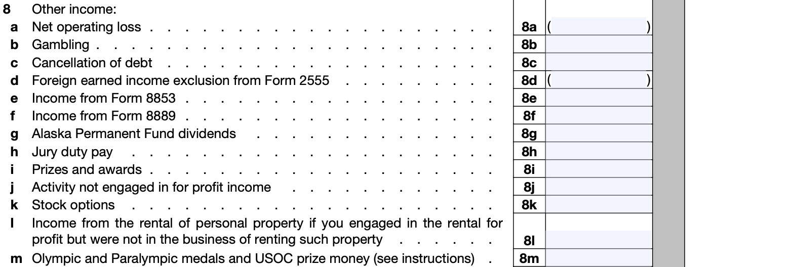 part i: additional income, lines 8a through 8m