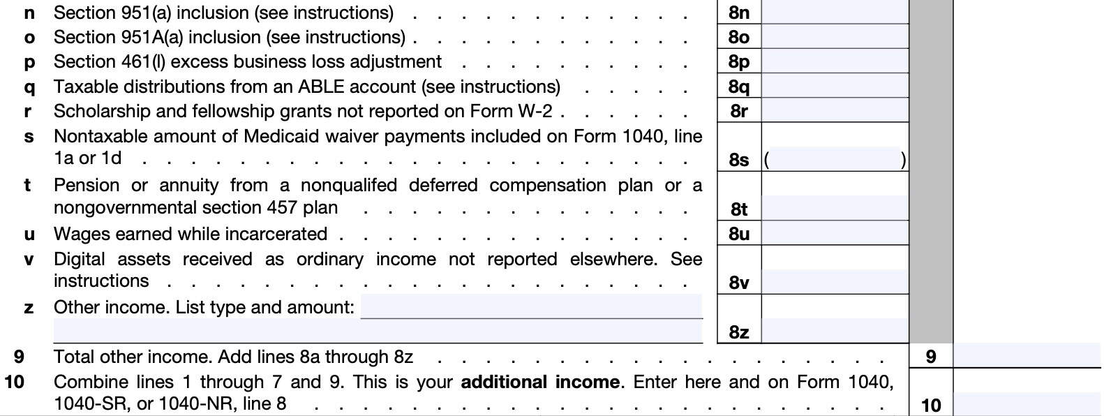 part i: additional income, lines 8n through 10