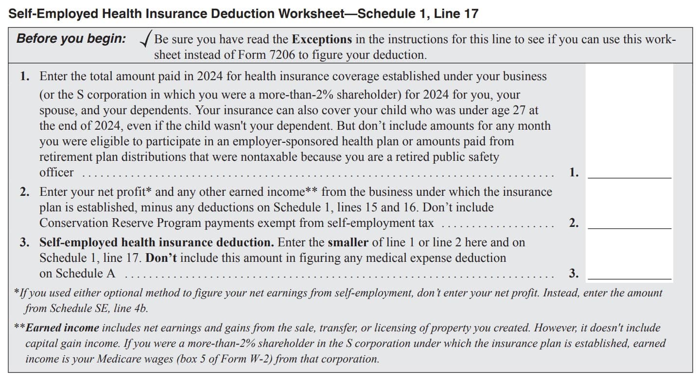 IRS Schedule 1, line 17, self-employed health insurance deduction worksheet