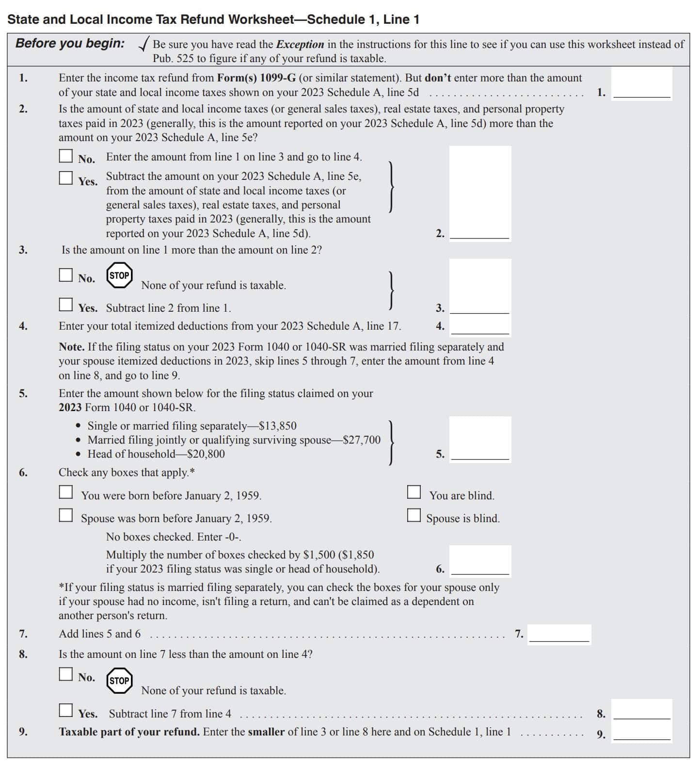 state and local income tax refund worksheet