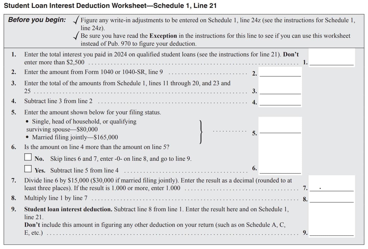 student loan interest deduction worksheet, schedule 1, line 21