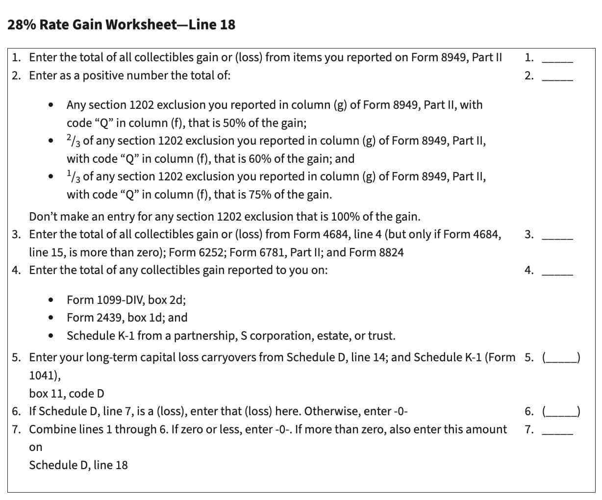 28% rate gain worksheet for Line 18 calculations