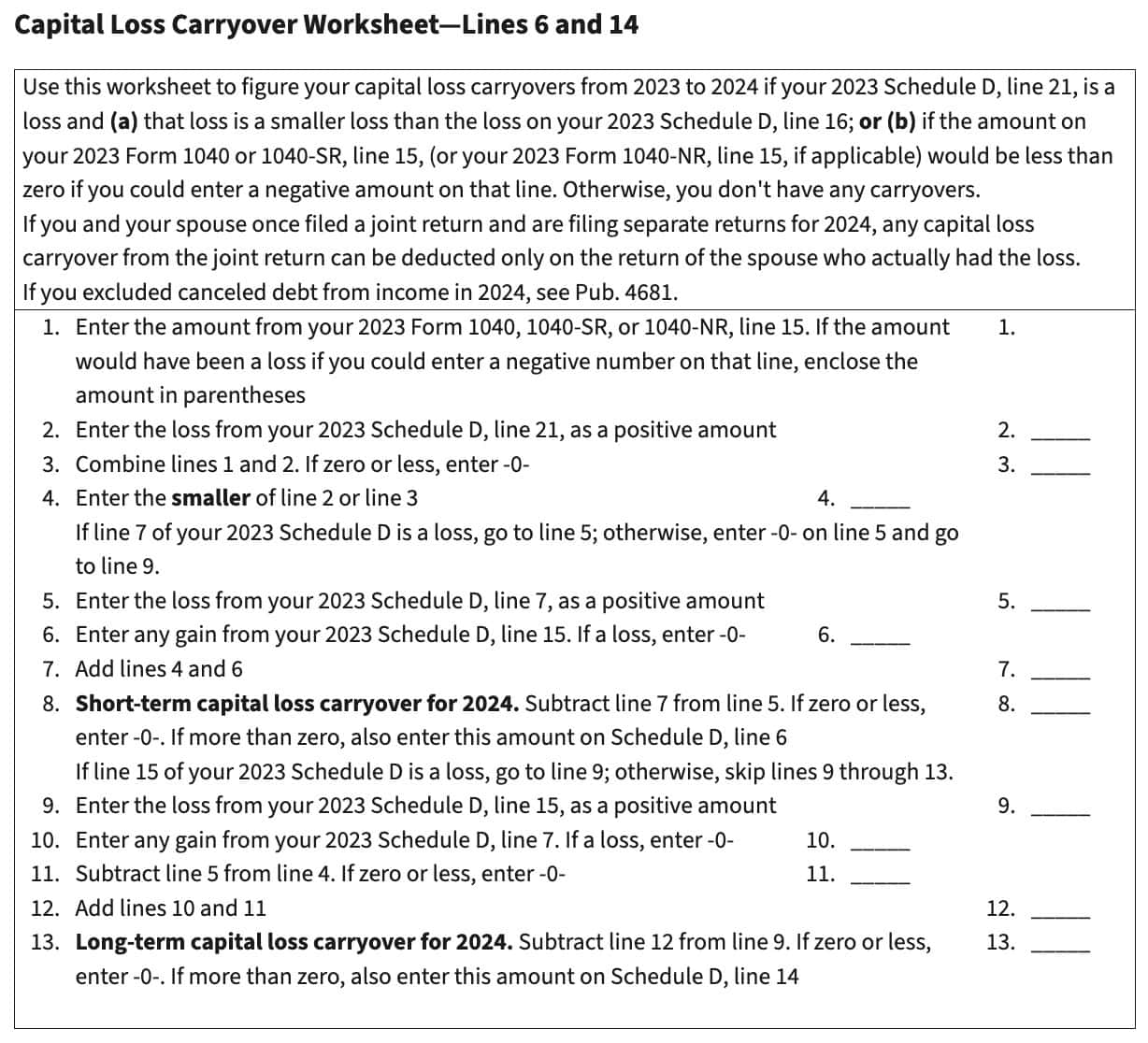 2024 capital loss carryover worksheet