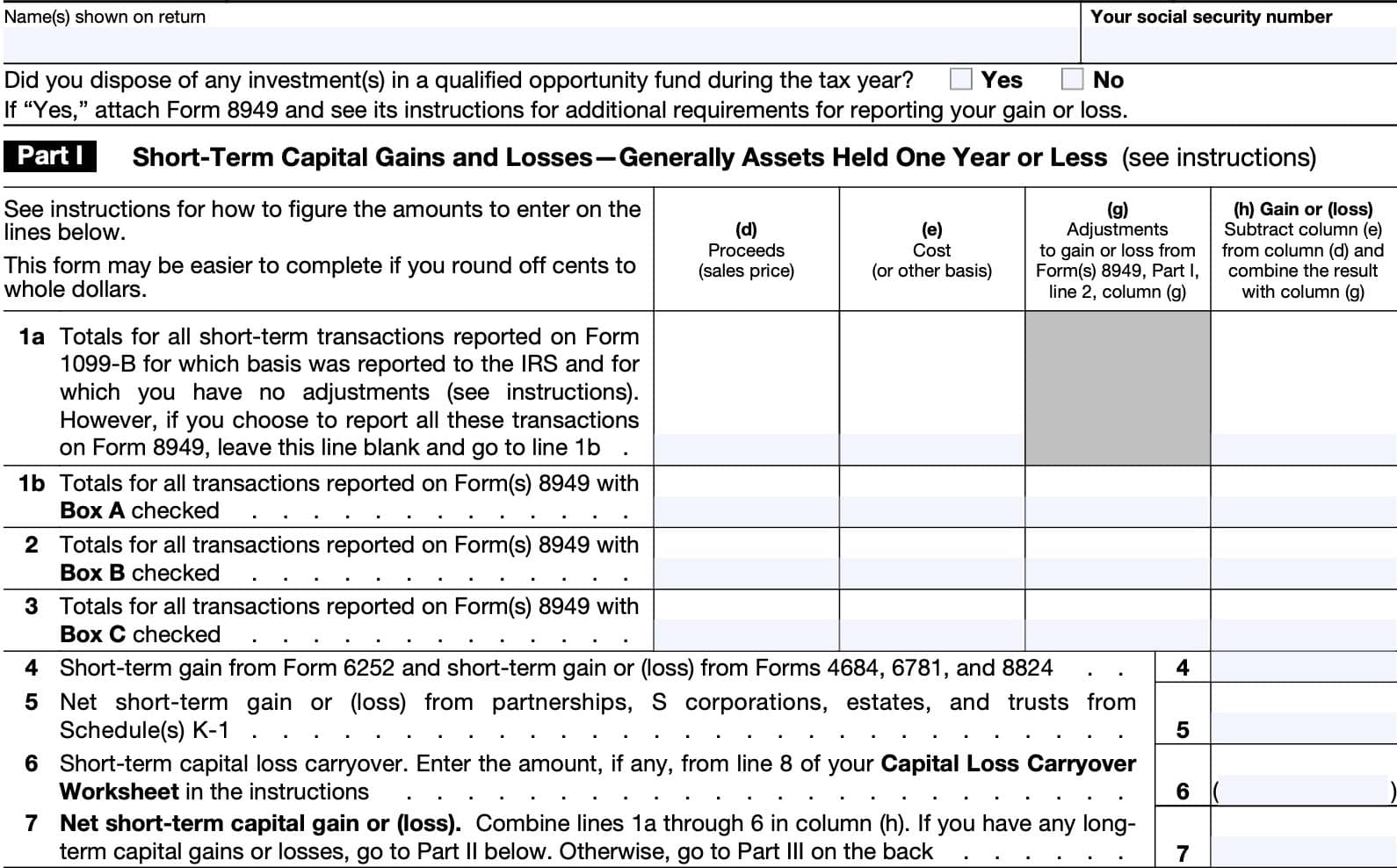 IRS Schedule D, Part I: Short-term capital gains and losses