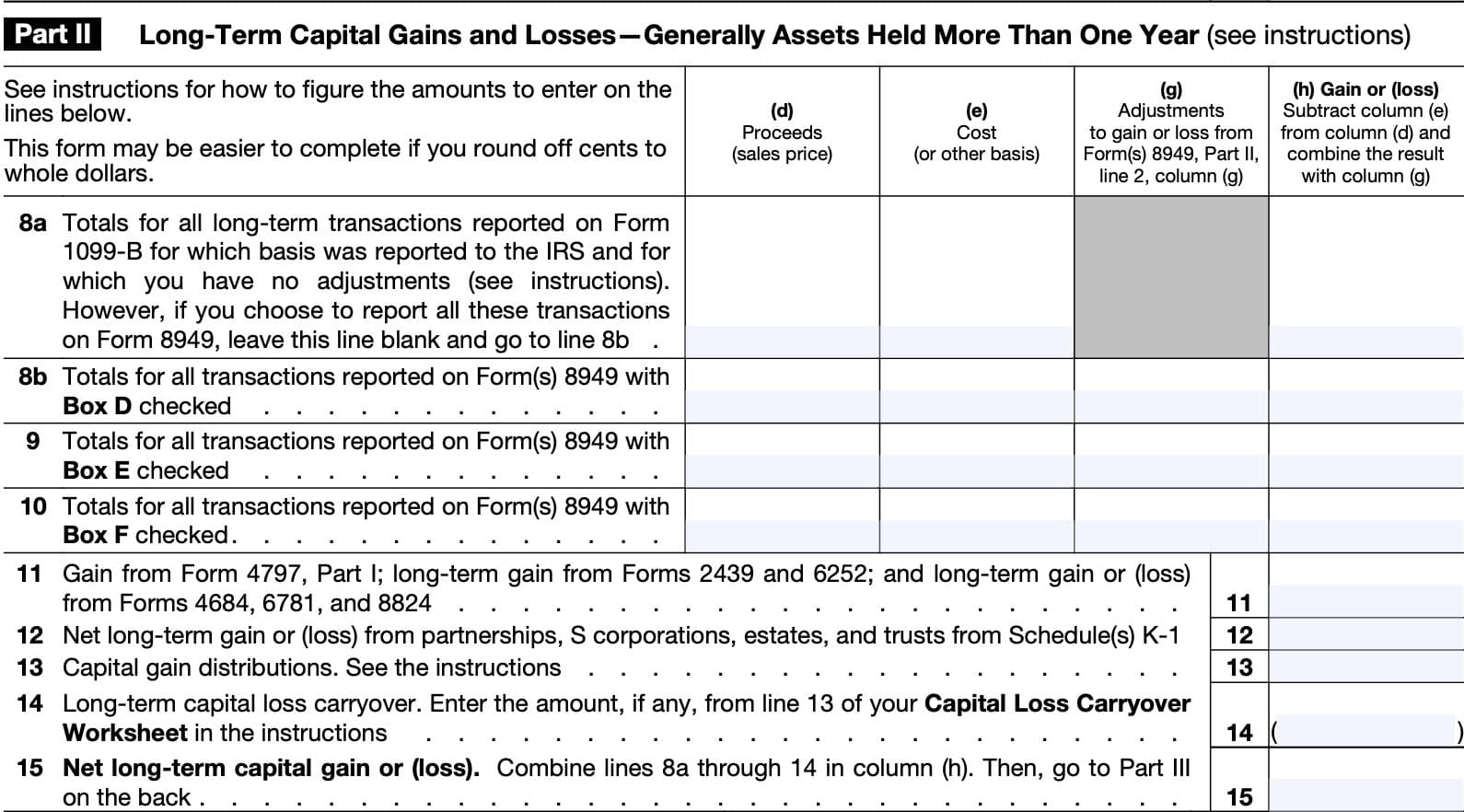 IRS Schedule D, Part II: Long-term capital gains and losses