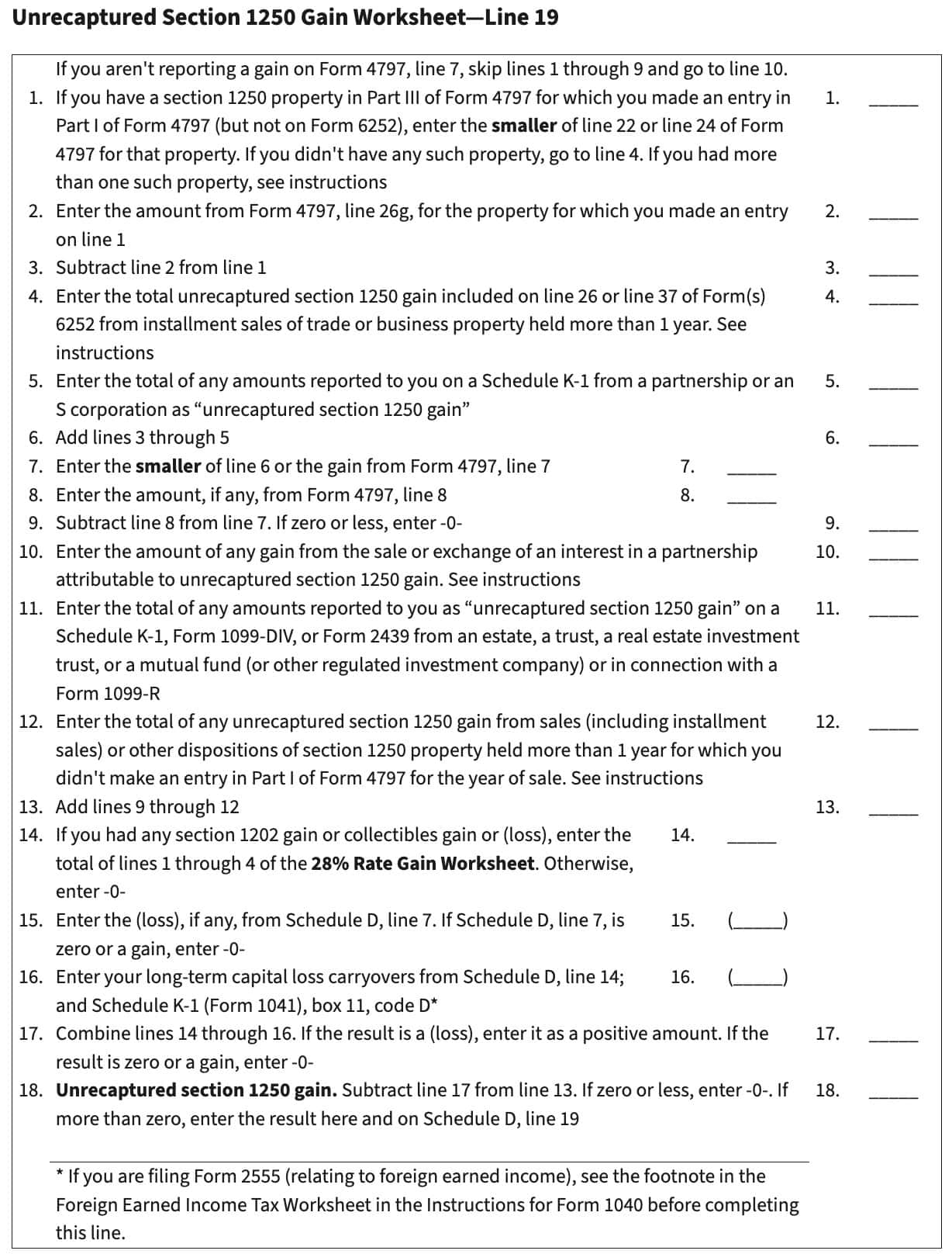 unrecaptured section 1250 gain worksheet for line 19