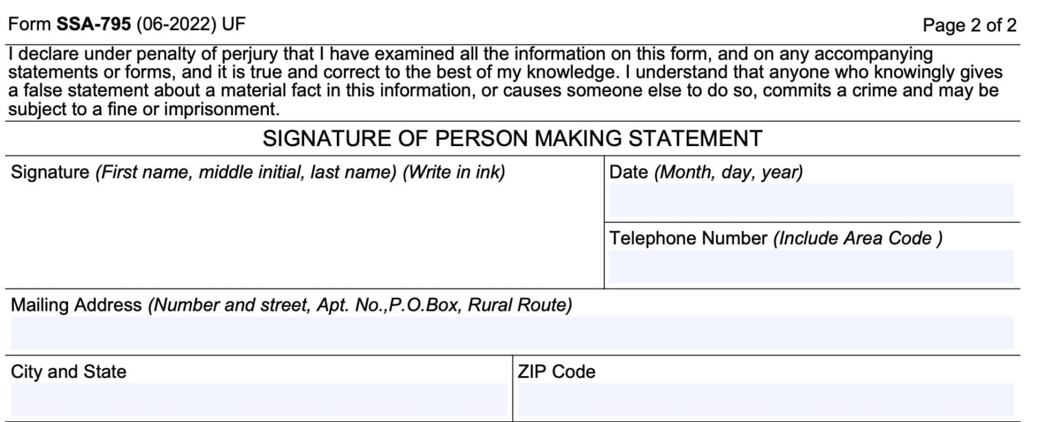 Form SSA 795 Instructions Statement of Claimant or Other Person