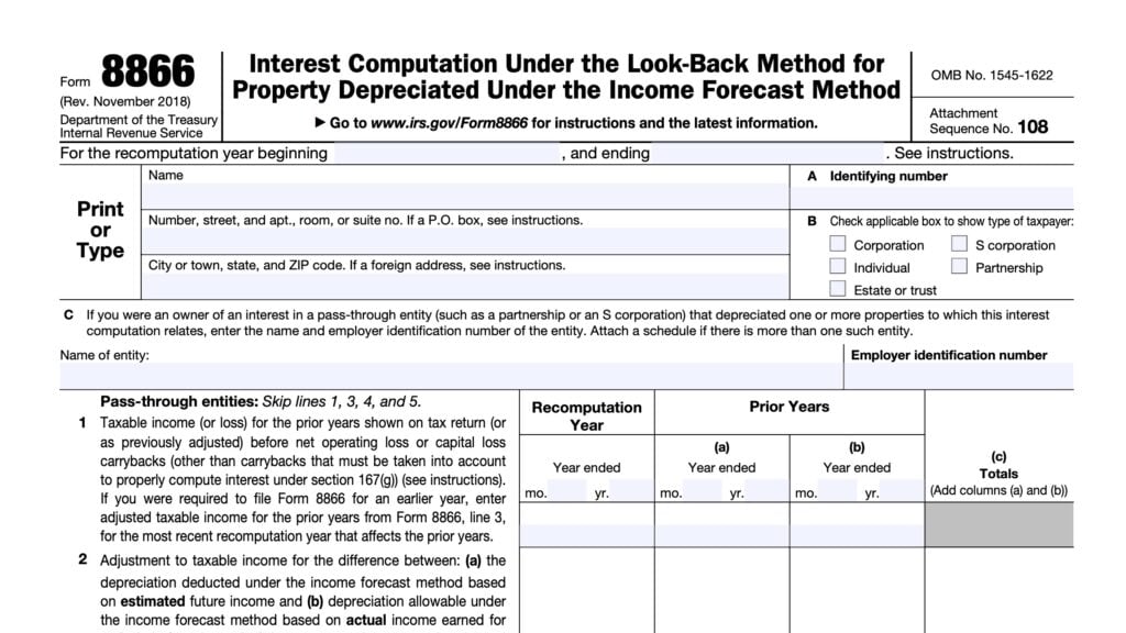 irs form 8866, interest computation under the look-back method for Property Depreciated Under the Income Forecast Method