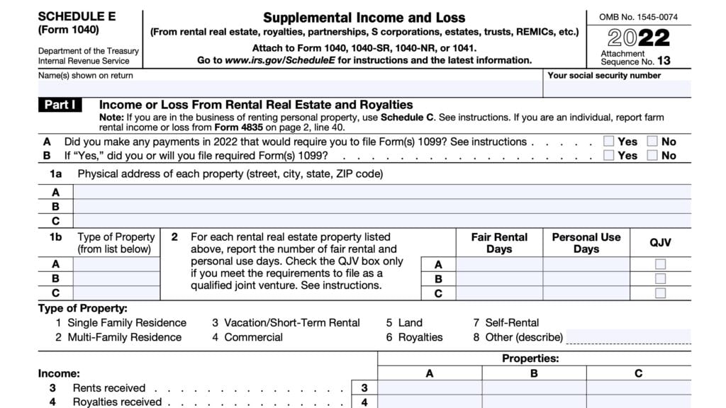 irs schedule e, supplemental income and loss