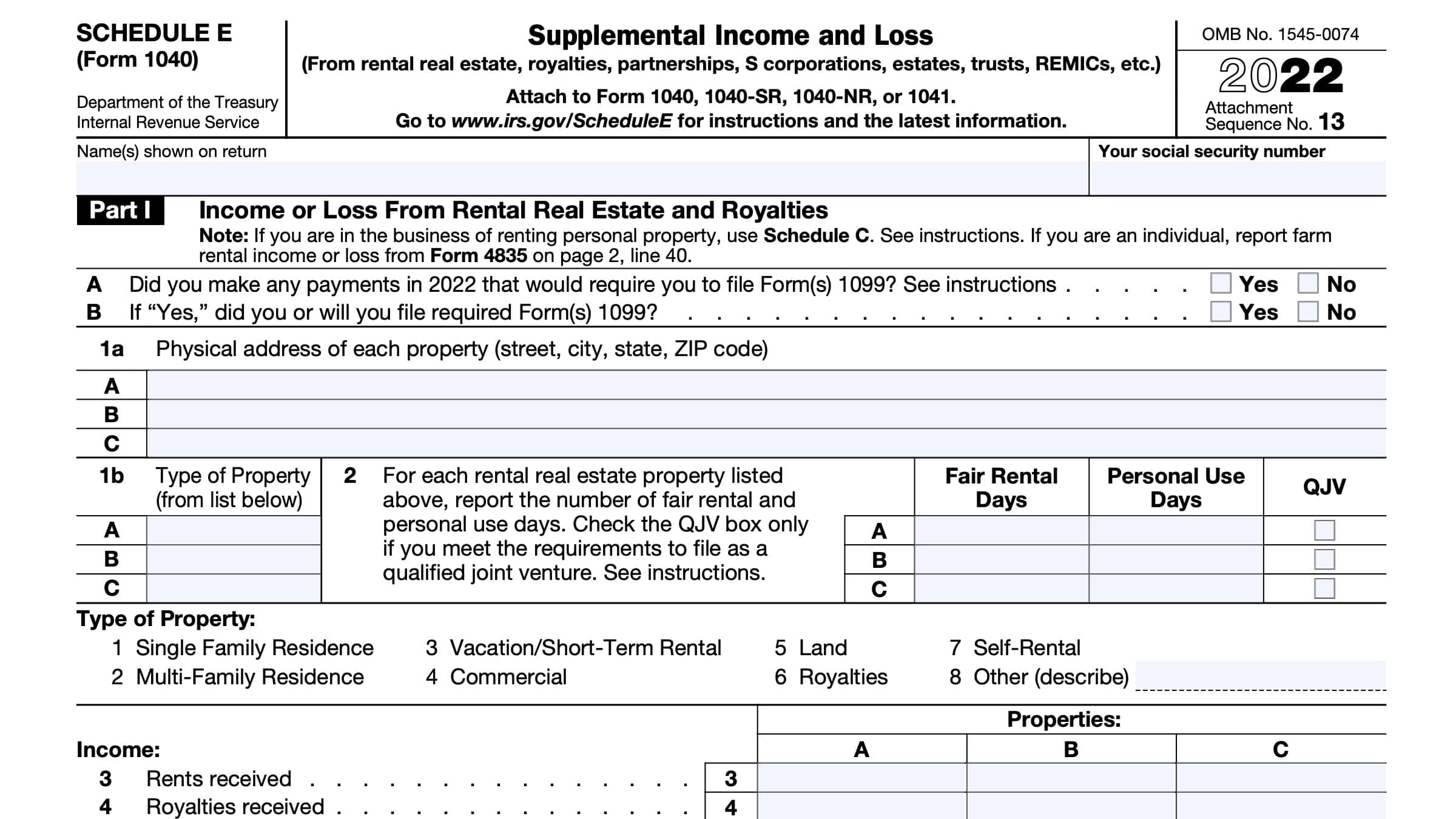IRS Schedule E Instructions Supplemental and Loss