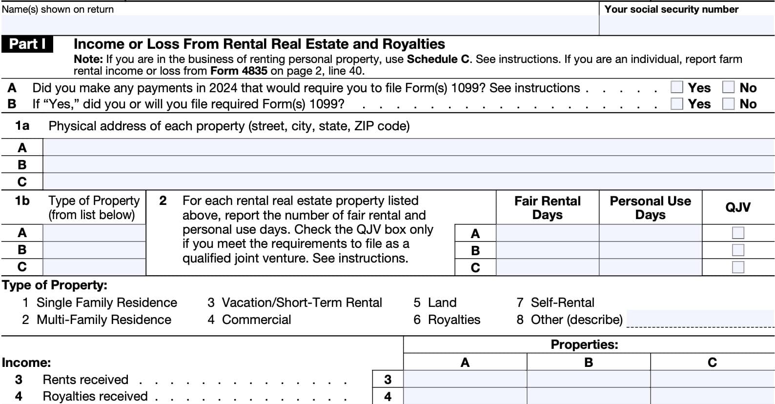 IRS Schedule E, Part I: Income or loss from rental real estate and royalties